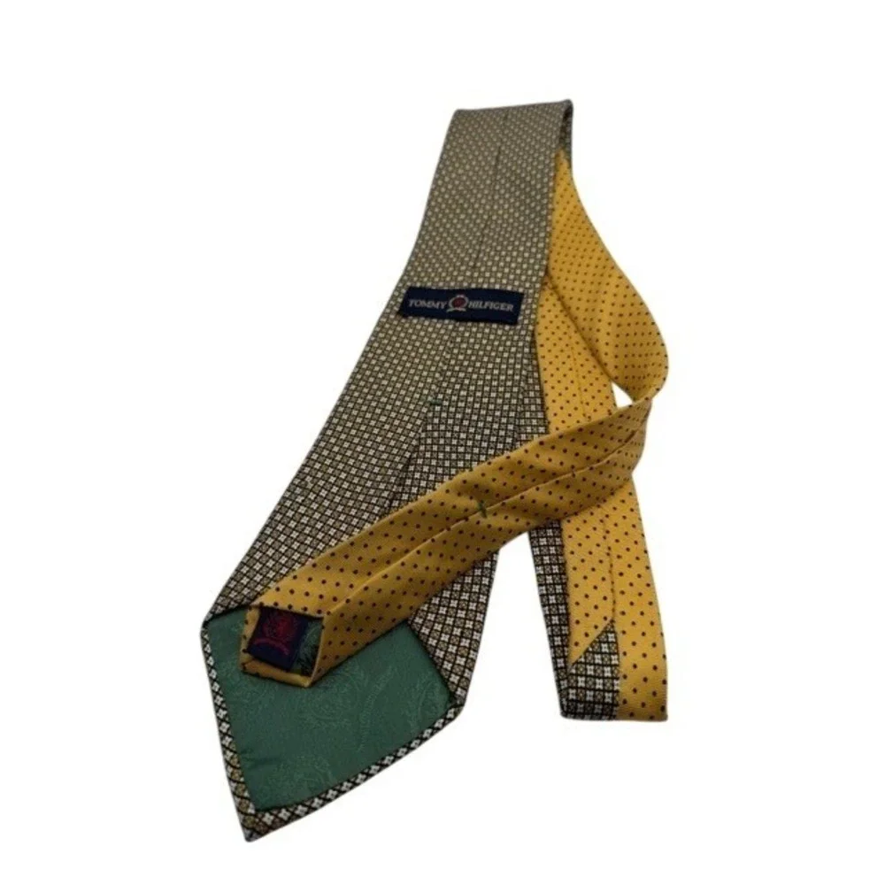 Tommy Hilfiger Vintage Silk Tie Gold Black White Geometric Micro Pattern Classic